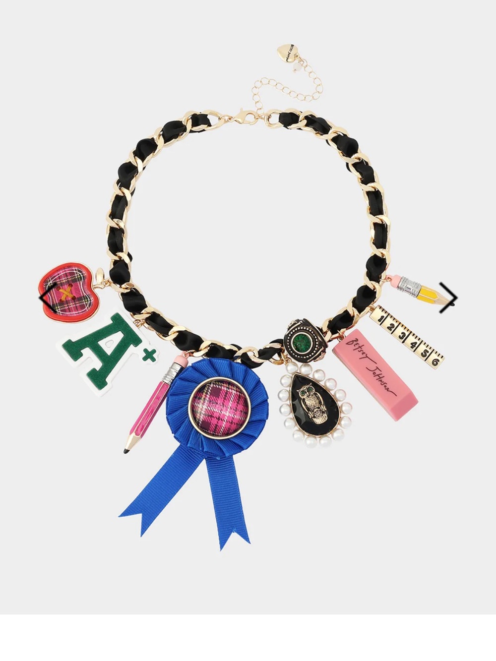Betsey Johnson Gold-Tone Charm Necklace with Blue Ribbon and Multi-Color Charms
